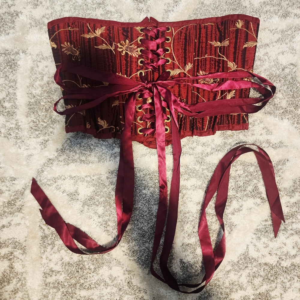 Burgandy and gold underbust corset